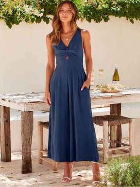 ANRABESS Wide Leg V-Neck Jumpsuit with Adjustable Straps